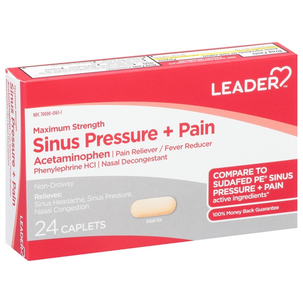Image for Leader Sinus Pressure + Pain, Maximum Strength, Caplets, 24ea from Yost Pharmacy