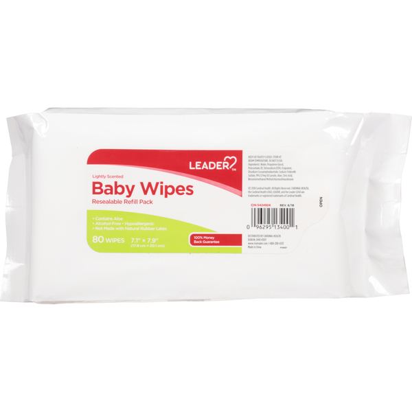 Image for Leader Baby Wipes, Lightly Scented, Resealable, Refill Pack, 80ea from Yost Pharmacy