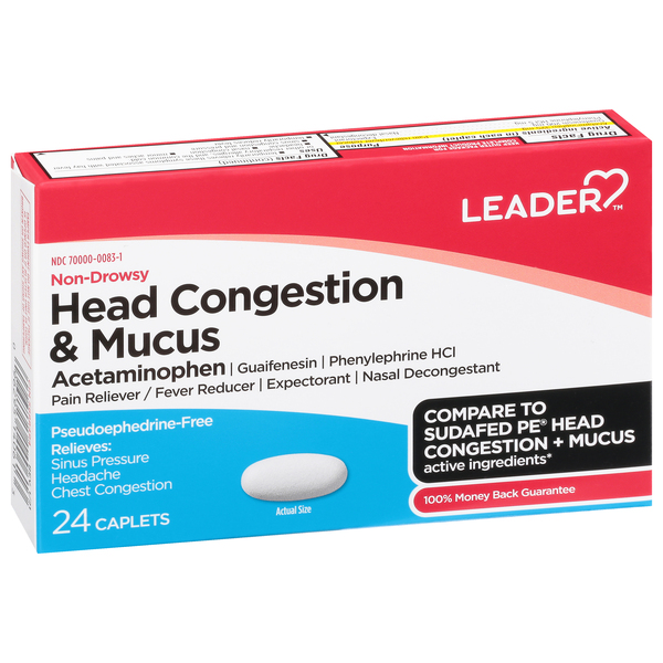 Image for Leader Head Congestion & Mucus, Non-Drowsy, Caplets,24ea from Yost Pharmacy