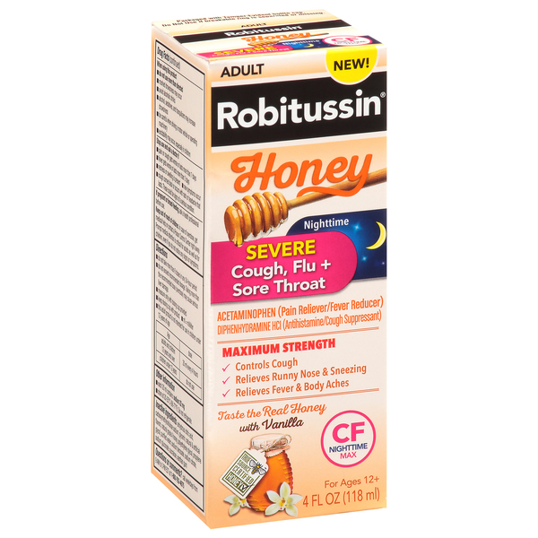 Image for Robitussin Severe Cough, Flu + Sore Throat, Nighttime, Maximum Strength, Honey, Adult,4fl oz from Yost Pharmacy